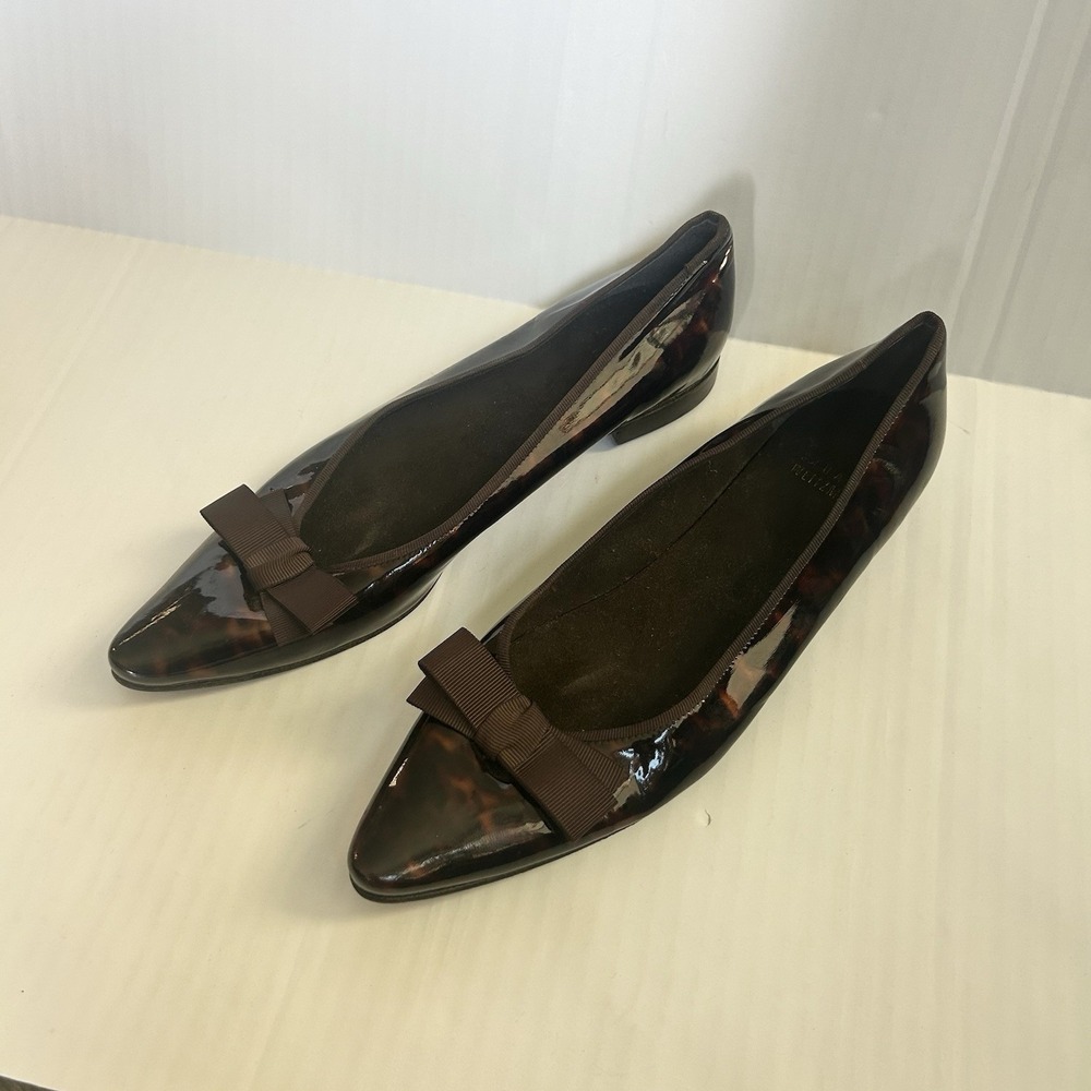 Stuart Weitzman Pointed Toe Ballet Flats Tortoise Patent Leather Bow Spain Made